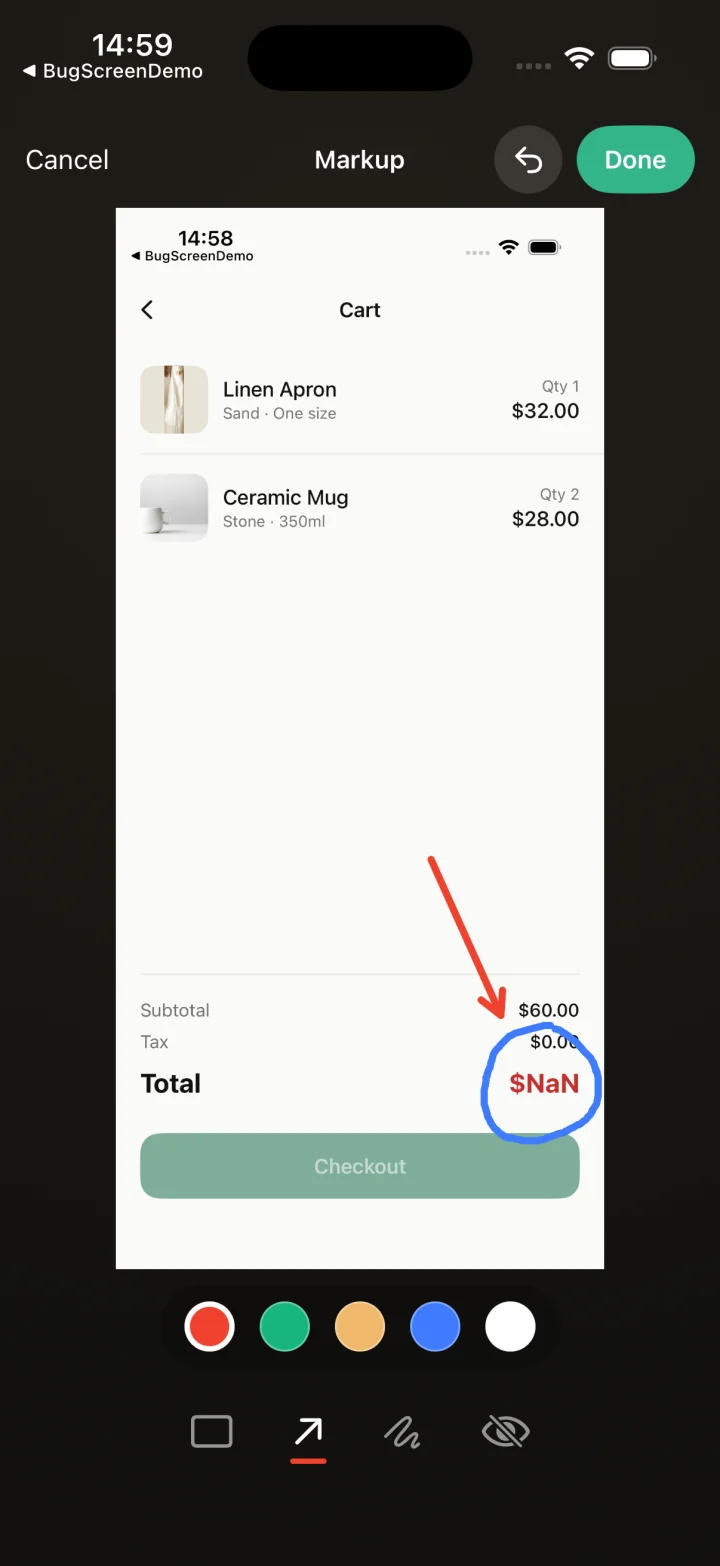 The BugScreen markup editor on a phone: a captured cart screen with a red arrow and a blue circle drawn around a “$NaN” total, above a colour picker and shape, arrow, freehand and blur tools.